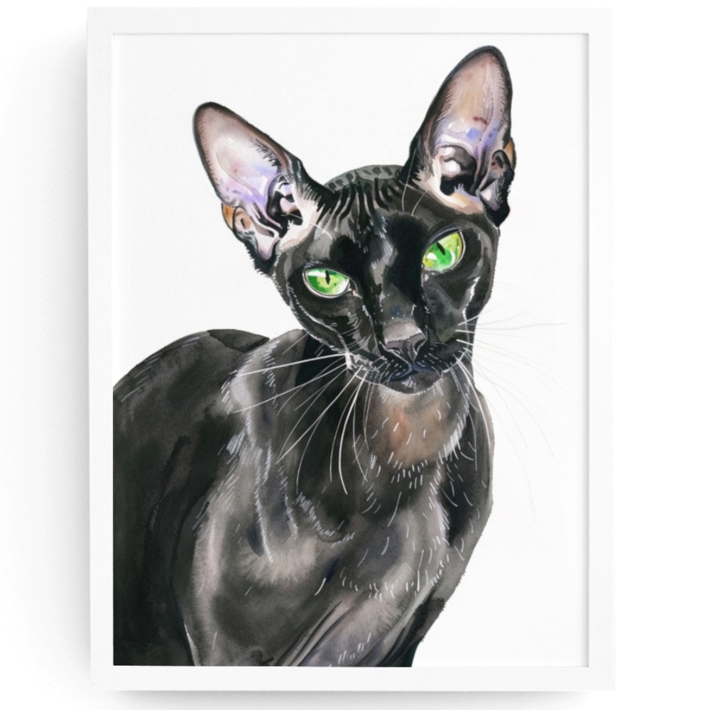 Watercolor Oriental Black Cat Portrait Wall Art Illustration Print Unframed